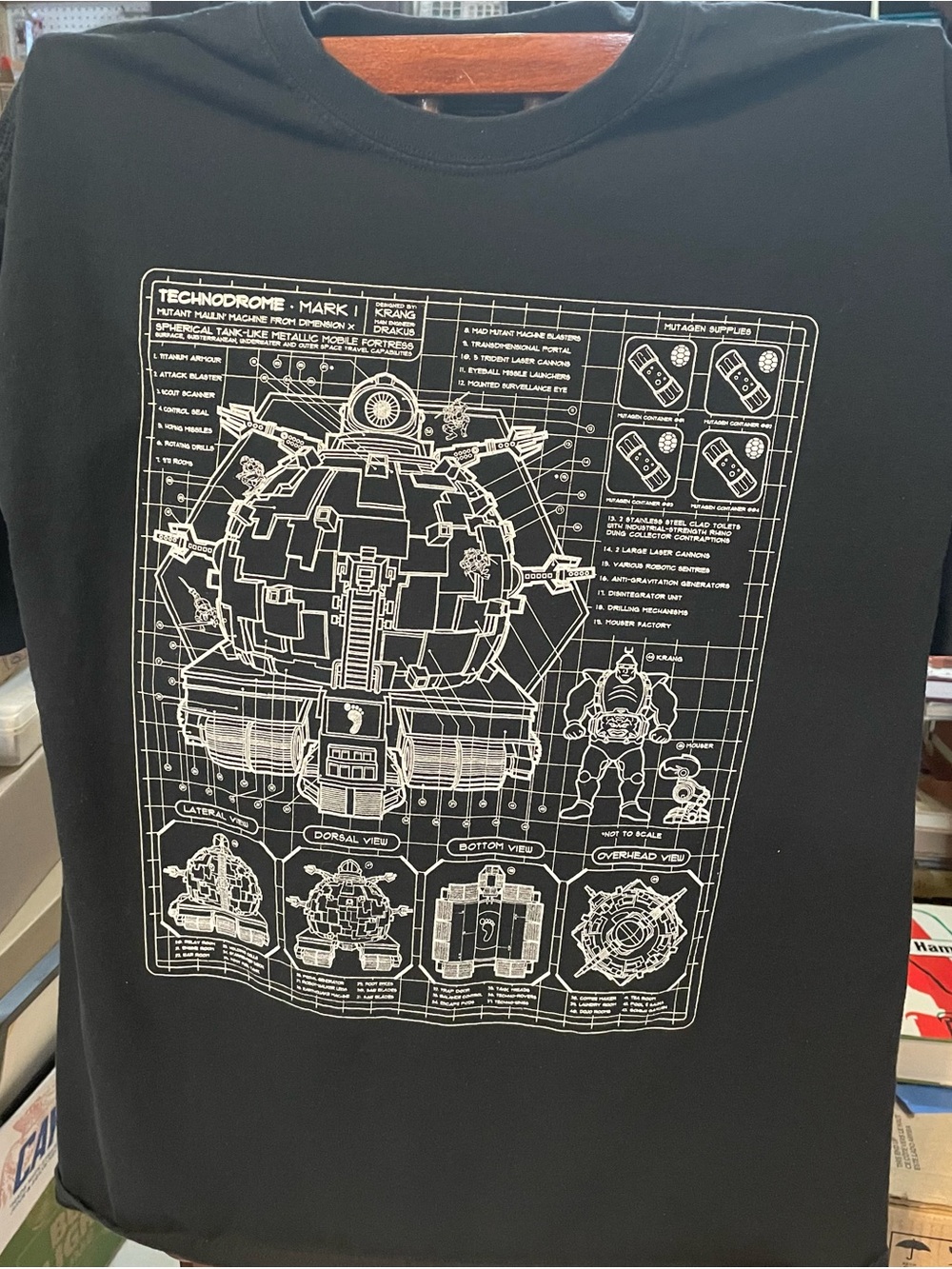 TMNT Technodrome Lootwear Black  T-Shirt with White Blueprint Graphic